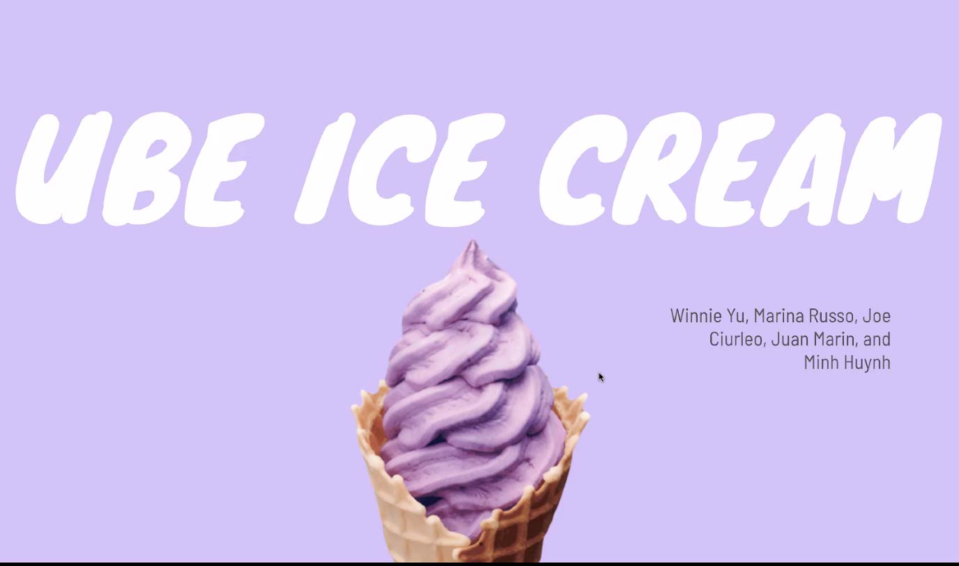 Purple soft-serve ice cream cone labeled "Ube Ice Cream"